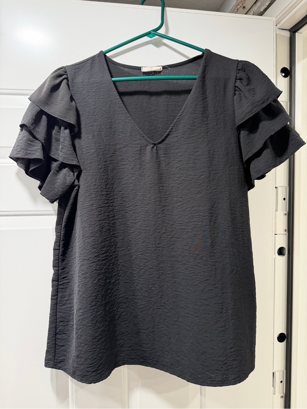 entro Black Textured V-Neck Blouse with Ruffle Sleeves - Picture 1 of 3